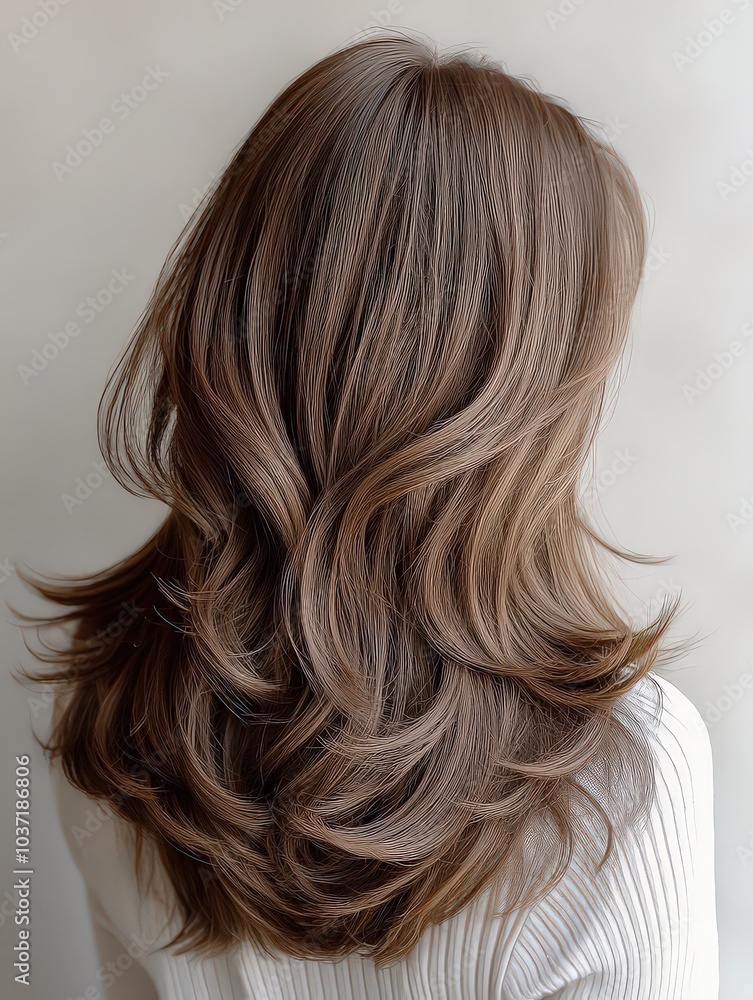 Naklejka premium Back view of layered wavy brown hair, showcasing healthy volume, natural texture, and elegant styling.