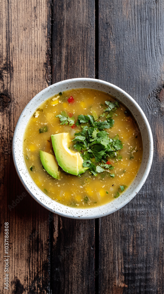 Fresh avocado and cilantro garnish a steaming bowl of soup on a rustic wooden table Fresh avocado and cilantro garnish a steaming bowl of soup on a rustic wooden table