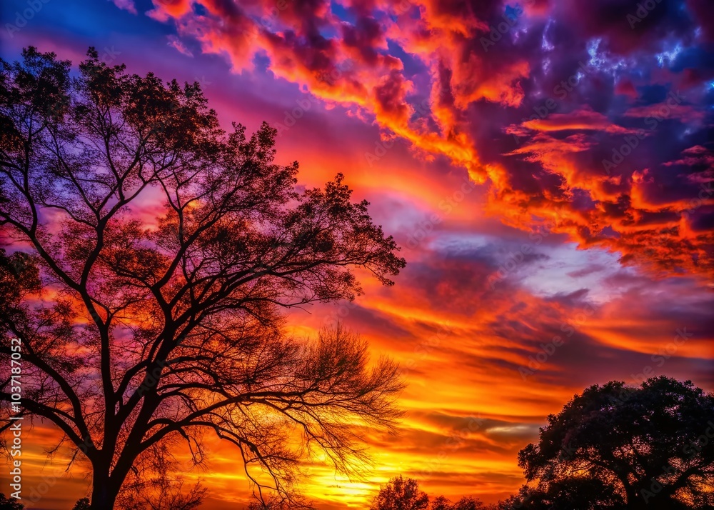 Obraz premium Crimson Horizon: Silhouette of Trees Against a Fiery Sky at Dusk