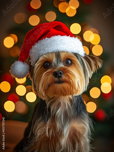 A studio portrait of Yorkshire Terrier wearing a Santa hat