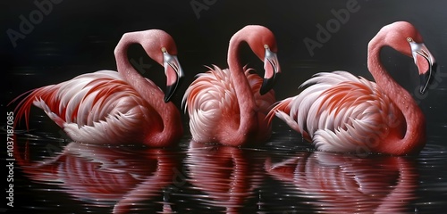 Greater flamingos glide gracefully along the calm lake