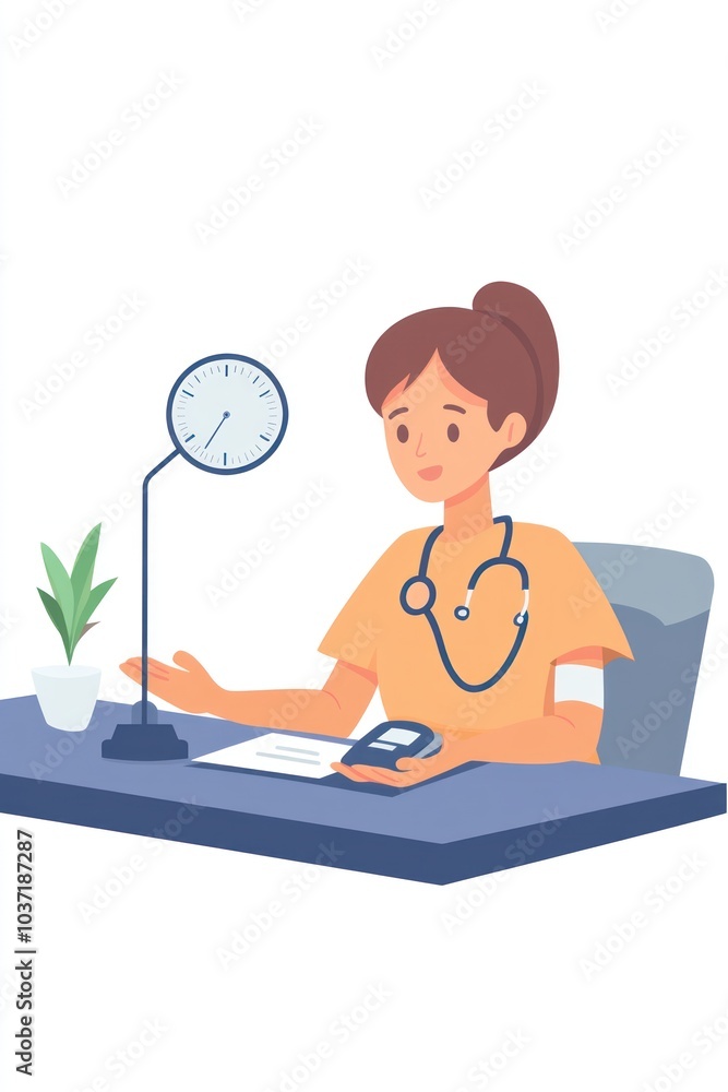 A healthcare professional at a desk with a clock and a plant, ready for consultation. A healthcare professional at a desk with a clock and a plant, ready for consultation.