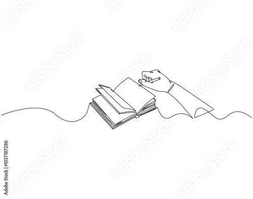 Continuous one line drawing of hand writing in book. One line drawing illustration of world literacy day. Writer, Education, Study concept line art. Editable outline