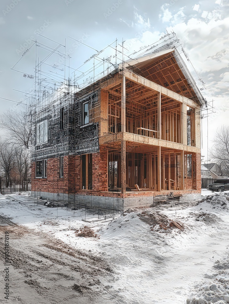 Architectural drawing overlaid on a real-life image of a partially built brick house, blending technical plans with actual construction progress. Architectural drawing overlaid on a real-life image of a partially built brick house, blending technical plans with actual construction progress.