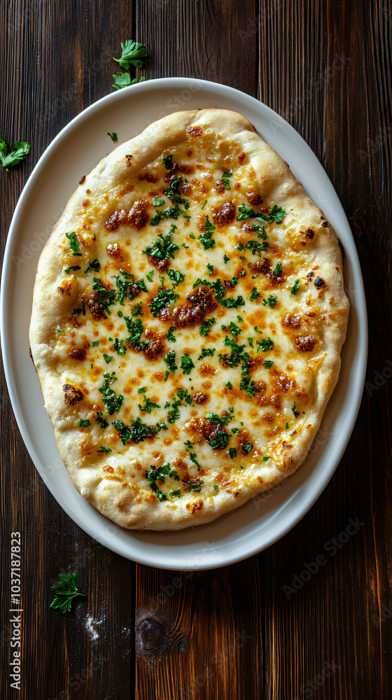 Freshly baked white pizza with melted cheese, garlic and parsley on rustic wooden table Freshly baked white pizza with melted cheese, garlic and parsley on rustic wooden table
