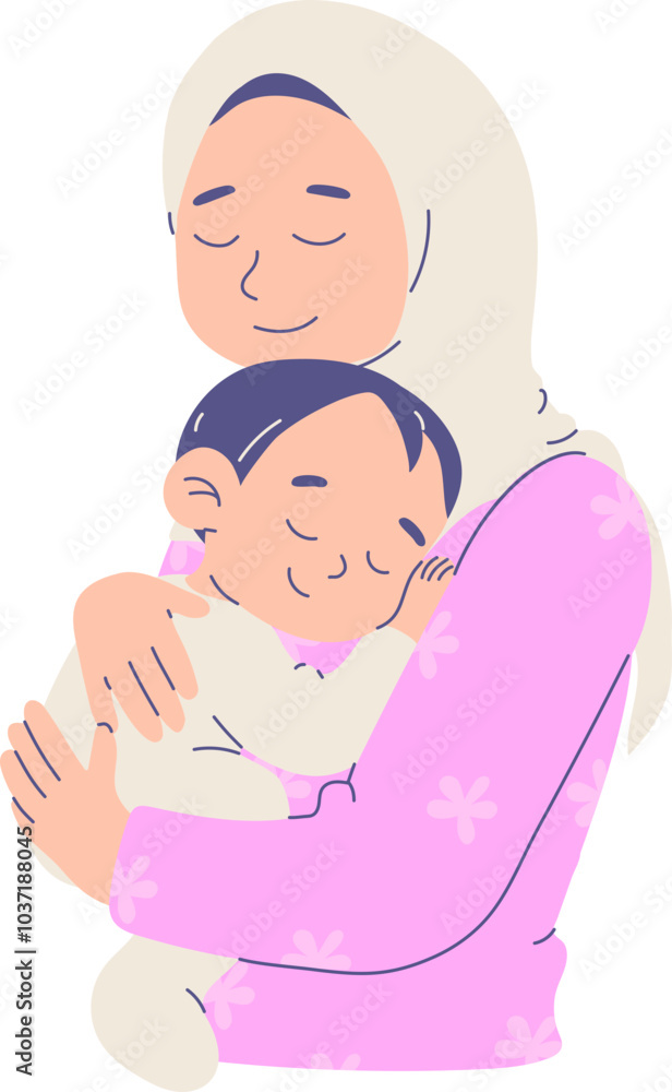 Mother wearing hijab lovingly embraces her child, showcasing warmth and tenderness vector illustration Mother wearing hijab lovingly embraces her child, showcasing warmth and tenderness vector illustration