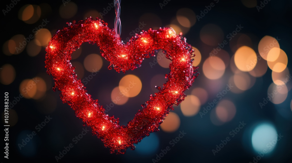 Glittering heart-shaped decoration with twinkling lights against bokeh background Glittering heart-shaped decoration with twinkling lights against bokeh background