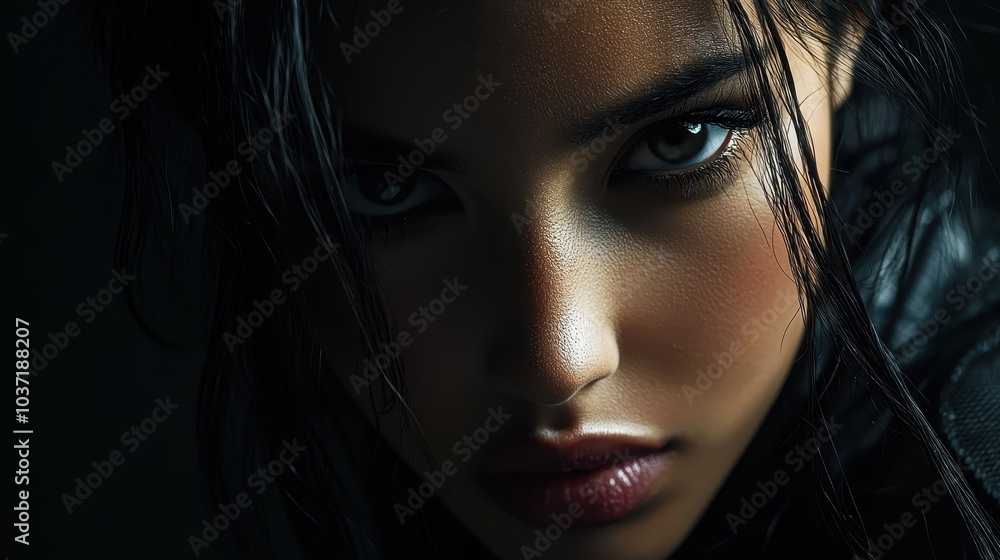 Moody portrait of a woman in low light, emphasizing intense eyes and dramatic shadows, creating a mysterious and captivating atmosphere. Moody portrait of a woman in low light, emphasizing intense eyes and dramatic shadows, creating a mysterious and captivating atmosphere.