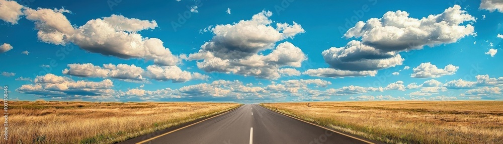Endless rural road with golden fields under a vibrant blue sky dotted with white clouds; symbolizes freedom and adventure in nature. Endless rural road with golden fields under a vibrant blue sky dotted with white clouds; symbolizes freedom and adventure in nature.