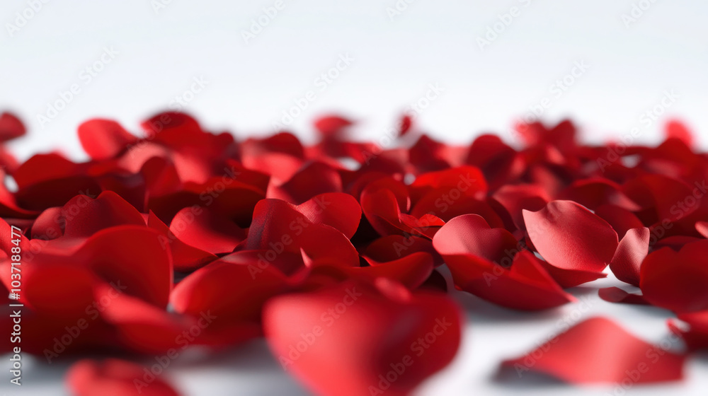 Vibrant red rose petals spread on white background Vibrant red rose petals spread on white background