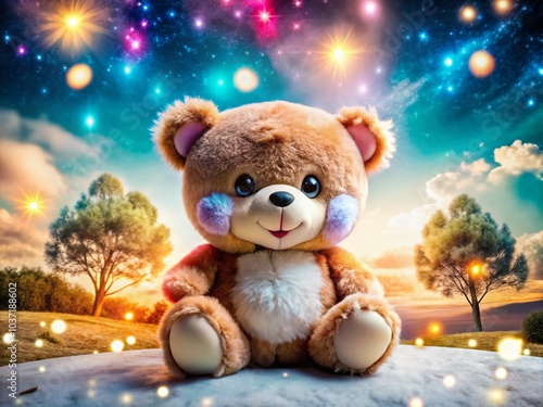Wallpaper Mural Cute Chubby Bear Cartoon Character Under Starry Night Sky, Whimsical and Playful Scene for Kids’ Illustrations Torontodigital.ca