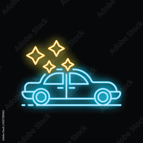 Neon icon of car detailing service with shining stars above a clean vehicle