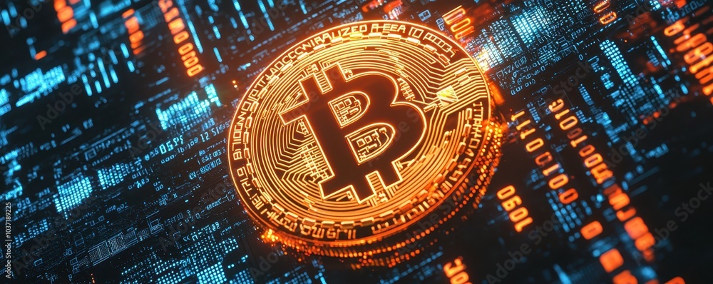 Fototapeta premium Digital Bitcoin illustration with glowing cryptocurrency symbol. Futuristic technology and finance concept in a vibrant, electronic backdrop.