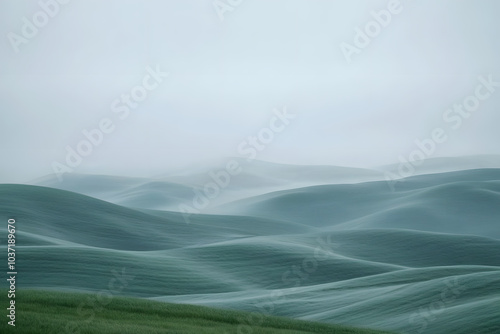 Undulating shapes of rolling hills emerge softly through a dense layer of fog, creating a tranquil landscape.