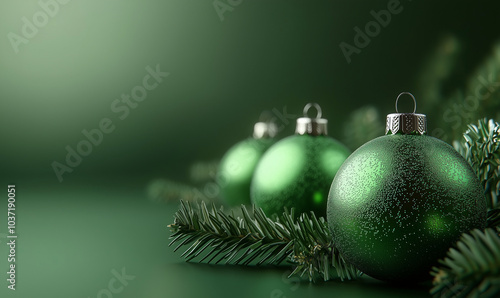 New Year and Christmas decorations, balls and xmas tree on green background, generated ai 