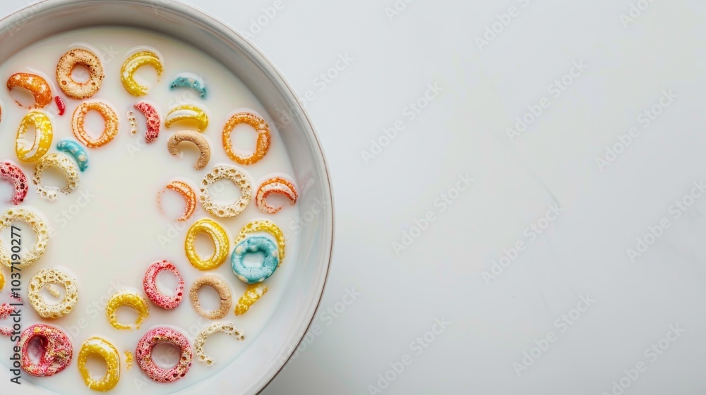 Vibrant bowl of colorful wheel shaped cereal in milk on a clean white background Vibrant bowl of colorful wheel shaped cereal in milk on a clean white background