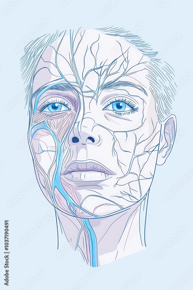 An anatomical illustration of a human face highlighting veins and arteries. An anatomical illustration of a human face highlighting veins and arteries.