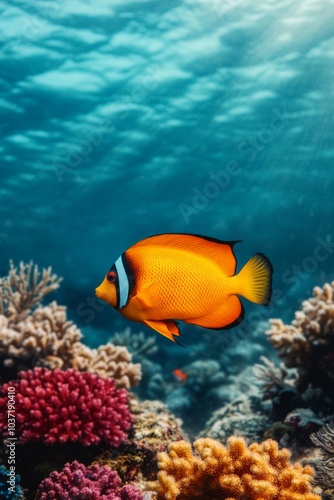 A vibrant underwater scene featuring a colorful fish swimming among coral reefs.