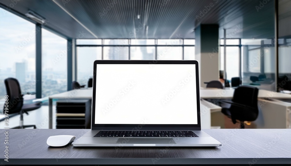 Close up of creative wide designer desk with empty white laptop and blurry office in the background. Mock up, 3D Rendering. Close up of creative wide designer desk with empty white laptop and blurry office in the background. Mock up, 3D Rendering.
