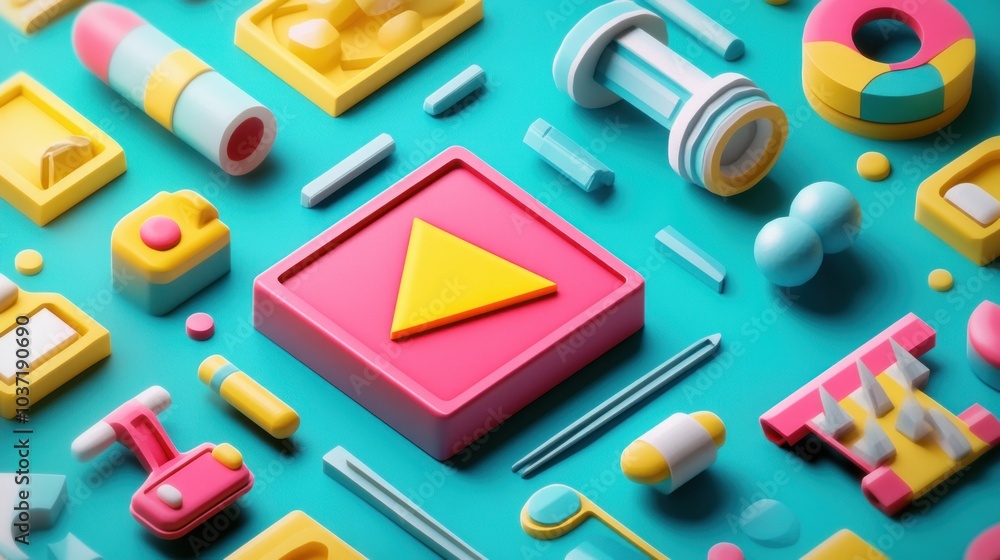 A colorful arrangement of playful 3D shapes, featuring a prominent play button. A colorful arrangement of playful 3D shapes, featuring a prominent play button.