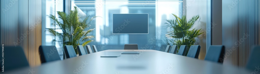 Modern conference room with long table, chairs, and plants. Bright light through large windows, creating a professional business atmosphere. Modern conference room with long table, chairs, and plants. Bright light through large windows, creating a professional business atmosphere.