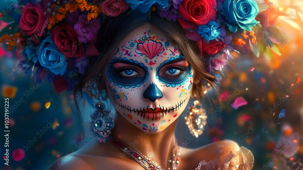 Dia de los Muertos, Mexican holiday. a beautiful woman with day of the dead face art, full body portrait, flowers in hair, blue and red roses, digital painting, vibrant colors, fantasy cinematic backg Dia de los Muertos, Mexican holiday. a beautiful woman with day of the dead face art, full body portrait, flowers in hair, blue and red roses, digital painting, vibrant colors, fantasy cinematic backg