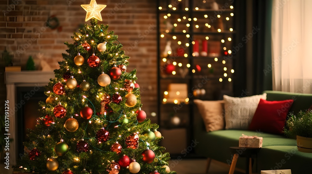 Decorated Christmas Tree with Ornaments and Lights in a Living Room Decorated Christmas Tree with Ornaments and Lights in a Living Room
