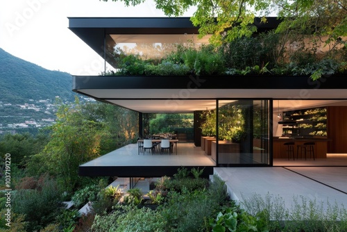 This image showcases a contemporary architectural masterpiece nestled in verdant surroundings, featuring open spaces and seamless integration with nature. photo