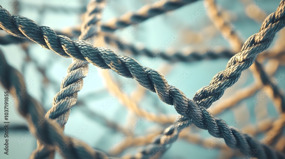 Complex web of interconnected ropes symbolizing intricate business relationships and antitrust challenges, with a focused foreground rope representing the effort to break monopolies. Complex web of interconnected ropes symbolizing intricate business relationships and antitrust challenges, with a focused foreground rope representing the effort to break monopolies.