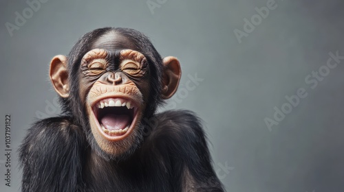 A playful chimpanzee laughing joyfully, showcasing its expressive features. photo