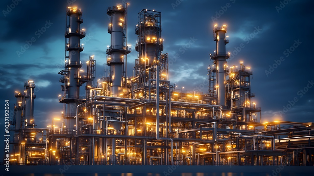 A complex oil refinery with tall structures illuminated at night, showcasing industrial engineering and energy production in a moody atmosphere.. A complex oil refinery with tall structures illuminated at night, showcasing industrial engineering and energy production in a moody atmosphere..