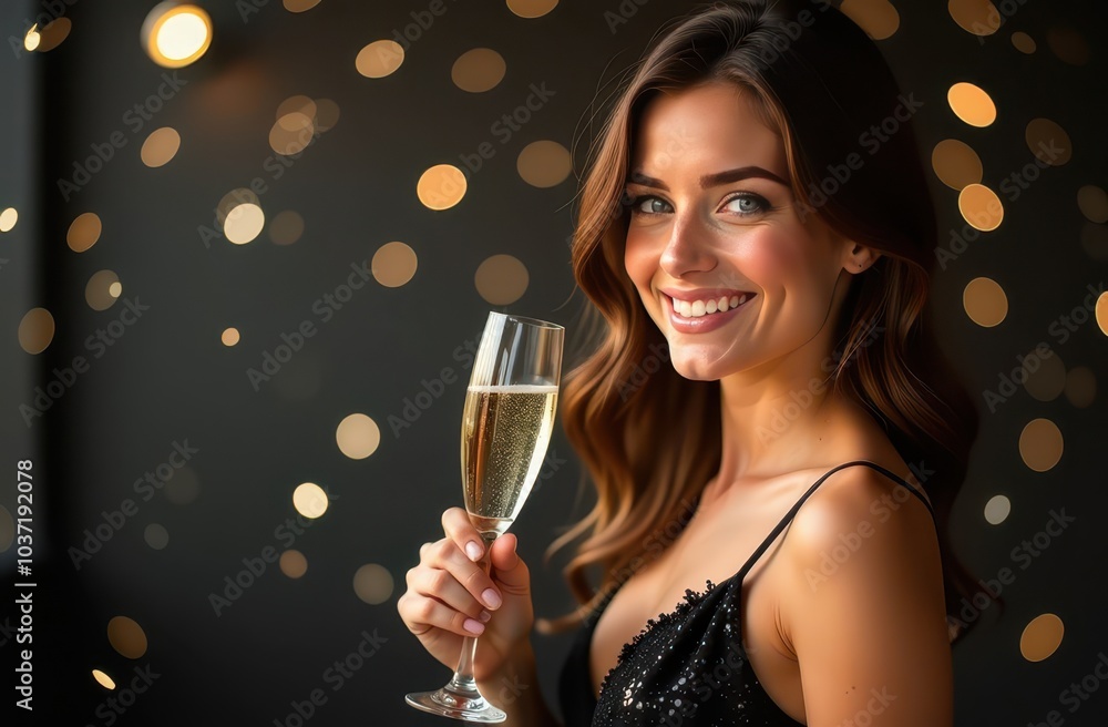 Girl with Beautiful Smile Holding a Glass of Champagne on Festive dark Background Girl with Beautiful Smile Holding a Glass of Champagne on Festive dark Background