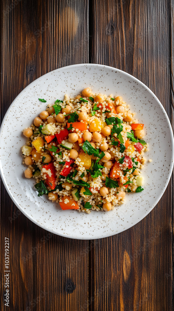 Moroccan vegetarian salad with chickpeas and fresh vegetables beautifully presented on a wooden table Moroccan vegetarian salad with chickpeas and fresh vegetables beautifully presented on a wooden table