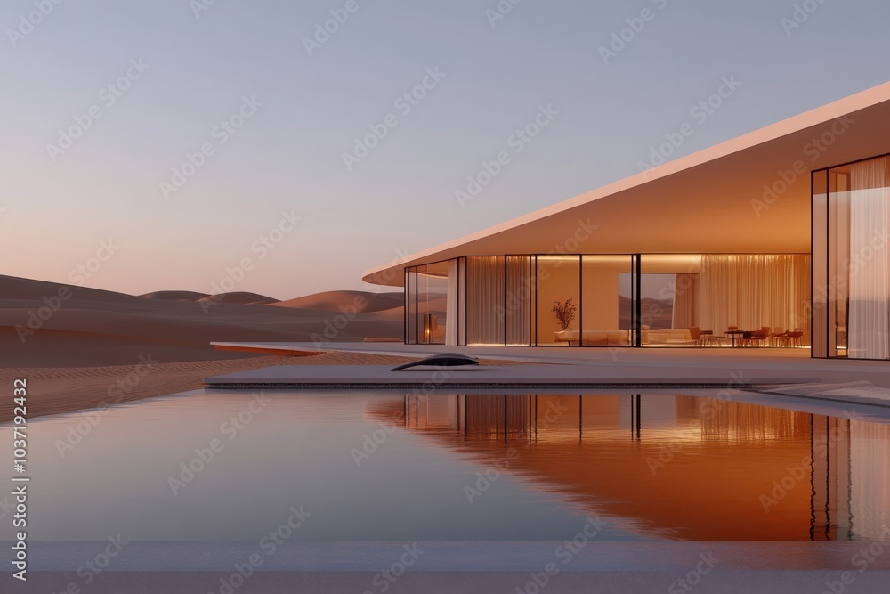 A modern desert home with expansive glass walls, offering a mesmerizing view of the vast sandy landscape, enveloped in warm ambient lighting. A modern desert home with expansive glass walls, offering a mesmerizing view of the vast sandy landscape, enveloped in warm ambient lighting.