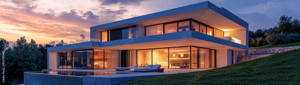 Modern luxury house with large windows at sunset, offering warm glowing interior and stylish outdoor design elements in a serene landscape. Modern luxury house with large windows at sunset, offering warm glowing interior and stylish outdoor design elements in a serene landscape.