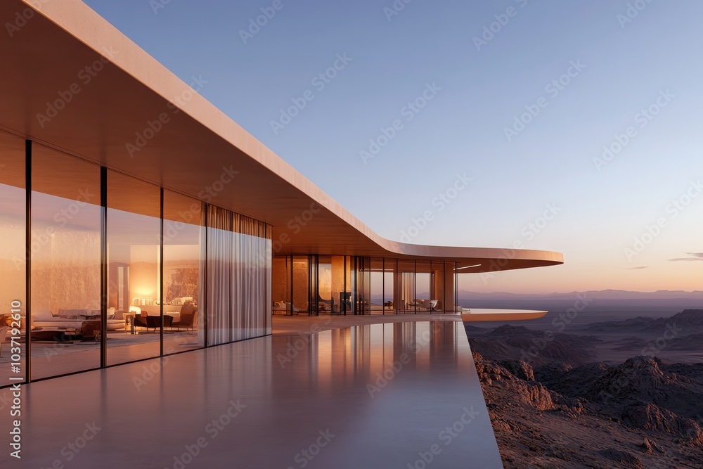A contemporary home perched on a cliff offers expansive glass-fronted spaces with breathtaking views of the sunset over the desert mountainscape. A contemporary home perched on a cliff offers expansive glass-fronted spaces with breathtaking views of the sunset over the desert mountainscape.