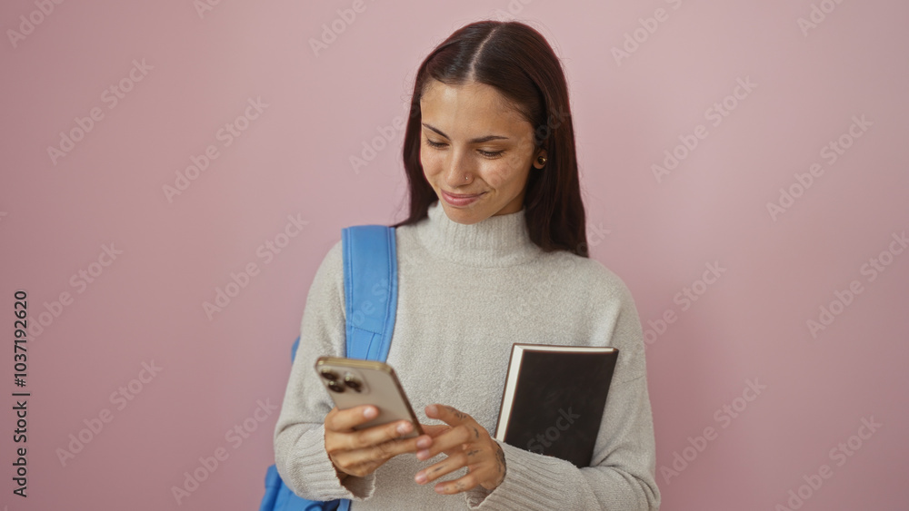 Young brunette woman using smartphone while holding a book, isolated against a pink background. Young brunette woman using smartphone while holding a book, isolated against a pink background.