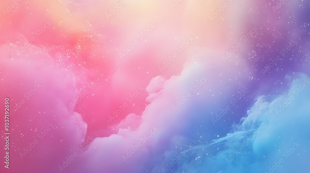 Obraz premium Abstract pastel clouds in pink, blue, and purple tones, creating a dreamy and ethereal atmosphere with twinkling stars..