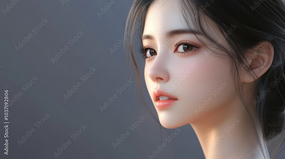 A close-up portrait of a young woman with soft features and expressive eyes. A close-up portrait of a young woman with soft features and expressive eyes.