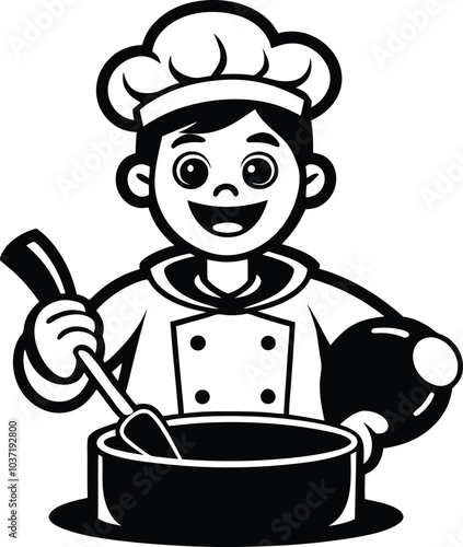 Сook cooking food in a saucepan. Cartoon character animation silhouette