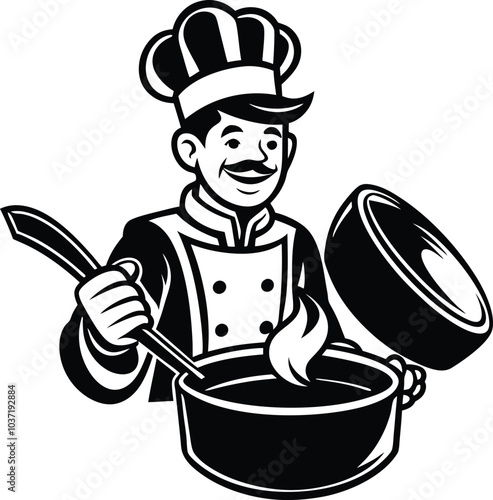 Сook cooking food in a saucepan. Cartoon character animation silhouette