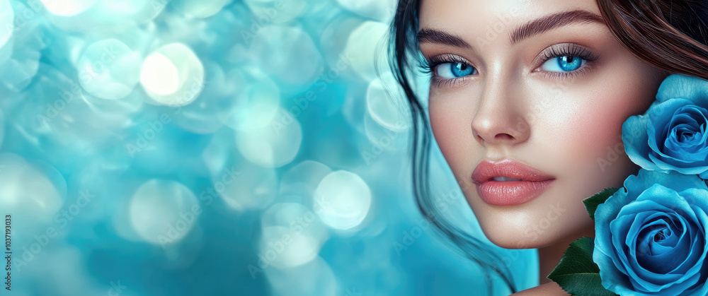 Beautiful woman with blue roses on a colorful background, a skin care and beauty concept, with space for text Beautiful woman with blue roses on a colorful background, a skin care and beauty concept, with space for text