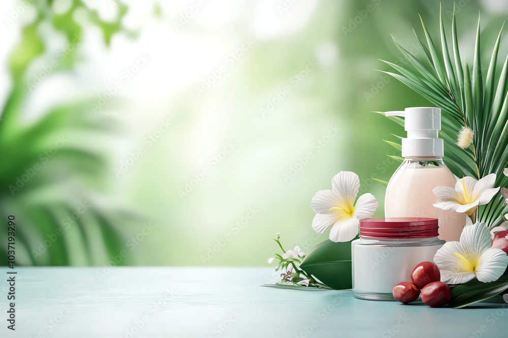 Natural beauty products on a serene background with lush greenery and floral accents Natural beauty products on a serene background with lush greenery and floral accents