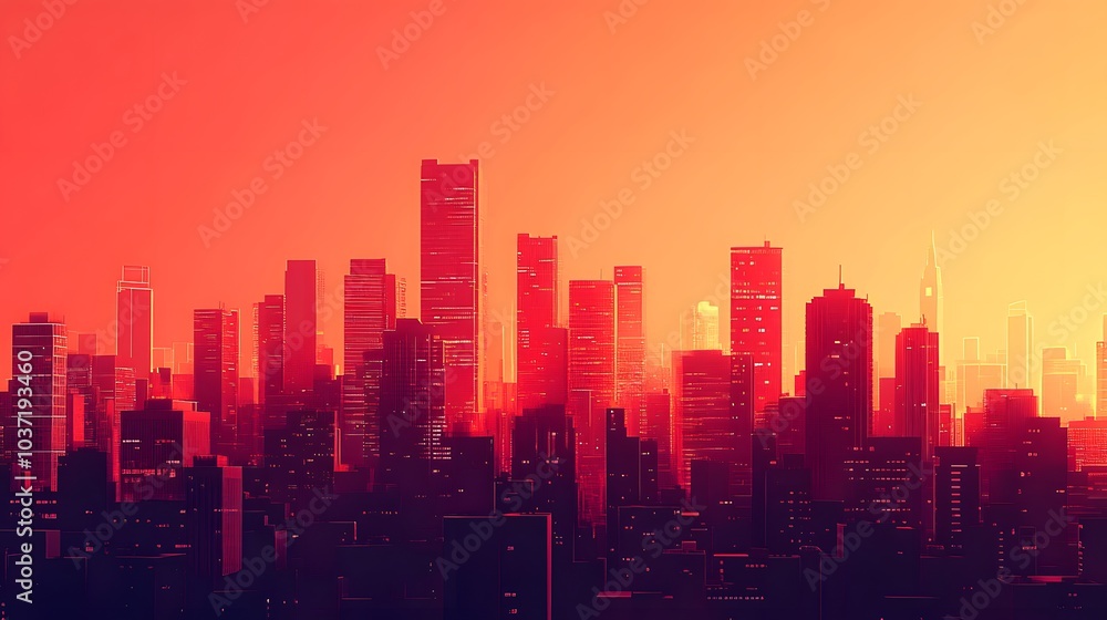 Abstract red-toned skyscrapers towering into the sky with a futuristic design, bathed in vibrant sunlight and digital effects.. Abstract red-toned skyscrapers towering into the sky with a futuristic design, bathed in vibrant sunlight and digital effects..