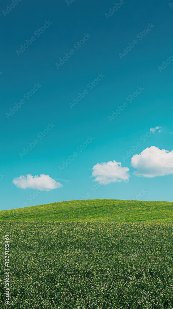 Serene landscape with rolling green hills and fluffy white clouds under a clear blue sky Serene landscape with rolling green hills and fluffy white clouds under a clear blue sky