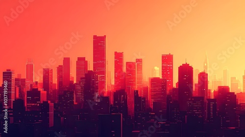 Abstract red-toned skyscrapers towering into the sky with a futuristic design, bathed in vibrant sunlight and digital effects..