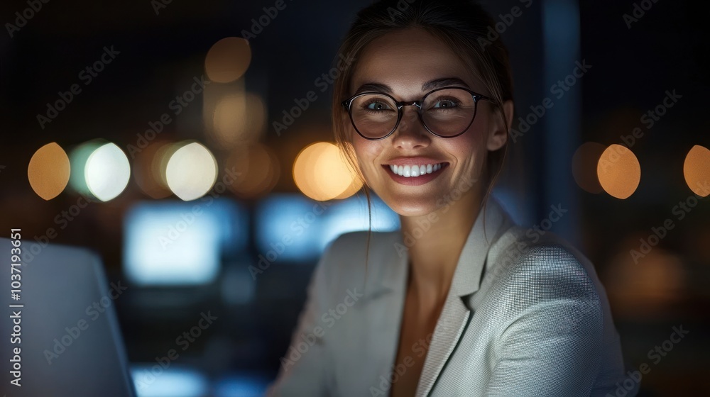 A smiling woman in glasses working late at a computer in a cozy, illuminated environment. A smiling woman in glasses working late at a computer in a cozy, illuminated environment.