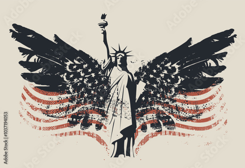 USA banner or logo with American flag with the Statue of Liberty in New York with bird wings. Vector poster, flyer, t-shirt design, greeting card or design element in grunge style