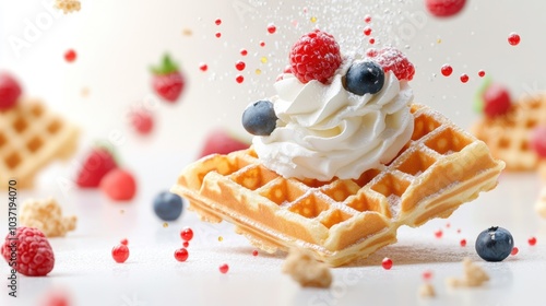 Delicious Belgian Waffles with Whipped Cream and Berries