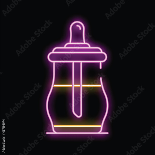 Purple and yellow neon sign of a french press coffee maker is glowing against a black background